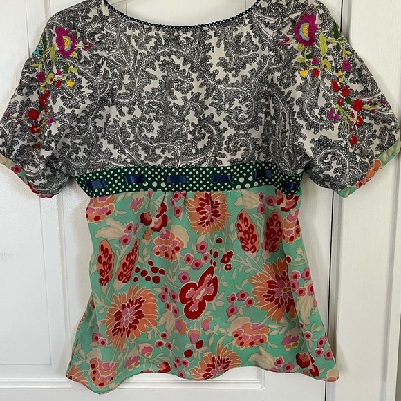 Anthropologie FEI Flores Peasant Top Blouse Mixed Media Silk Floral Embroidery 8 - Picture 7 of 12